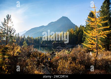 Herbstlicher Weitblick im Val da Camp mit seinen faszinierenden Bergseen Foto Stock