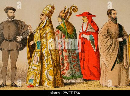 Storia dell'Italia. 1500. Da sinistra a destra, 1: Cavaliere veneziano, 2: Vestizione pontificia, 3: Assistente al trono pontificio, 4: cardinale, 5: Procuratore di San Marco. Cromolitografia. Historia Universal, di César Cantú. Volume VIII, 1881. Foto Stock