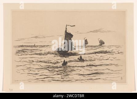 Barche da pesca in arrivo a Katwijk, Carel Nicolaas Storm van 's-Gravesande, stampa 1886 due piloti aspettano le navi nel surf. Nave a vela cartongesso olandese, barca a vela. Surf, Breakers Katwijk Foto Stock