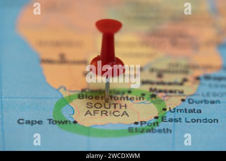 mappa con uno spillo sul Sudafrica, mappa di destinazione Foto Stock