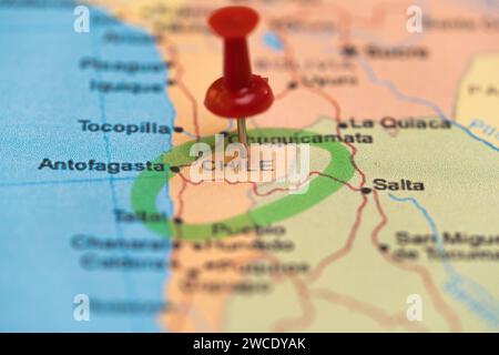 mappa con una spilla in Cile, mappa di destinazione Foto Stock