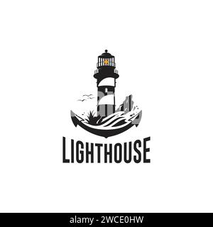 LIHGTHOUSE OCEAN LOGO DESIGN VETTORIALE TEMPALTE Illustrazione Vettoriale