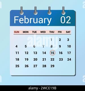 15 febbraio. Calendario a icone piatte isolato su sfondo blu. Illustrazione del vettore di data e mese Illustrazione Vettoriale