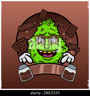 Sapore di cioccolato con cartone animato Weed Mascot. Progettazione di piante infestanti per prodotti con logo, etichette e imballaggi. Vettore e illustrazione. Illustrazione Vettoriale