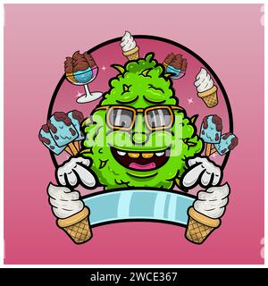 Gelato al gusto con cartone animato di Mascotte infestanti. Progettazione di piante infestanti per prodotti con logo, etichette e imballaggi. Vettore e illustrazione. Illustrazione Vettoriale