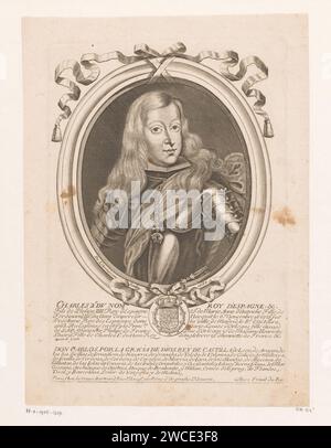 Ritratto di Carlo II, re di Spagna, Nicolas de Larmessin (i), stampatore del 1686: Francepublisher: ParisFrance paper Engraving Historical Persons. re Foto Stock