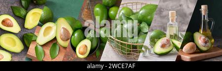Set di avocado verdi freschi e bottiglie d'olio Foto Stock
