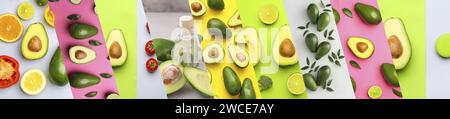 Set di avocado verdi freschi con verdure, agrumi, macaron e bottiglia di olio su sfondo colorato Foto Stock