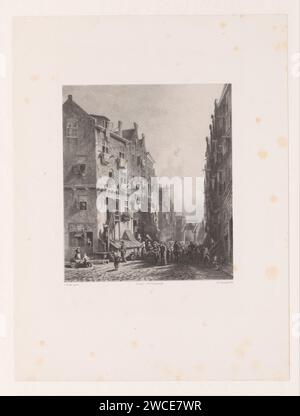 Via nel Jodenbuurt, Adolf Carel Nunnink, dopo Petrus Gerardus Vertin, 1829 - 1863 tipografi sulla strada nel Jodenbuurt ad Amsterdam, visto nella versione abbreviata. Un ponte levatoio sullo sfondo. Il giornale dell'Aia. via Amsterdam Foto Stock