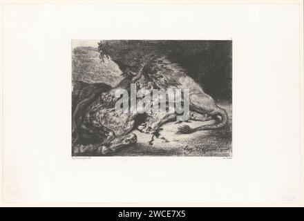 Il leone divora un cavallo, Eugène Delacroix, stampa del 1844 su carta di Parigi. bestie prede, animali predatori: leone. cavallo attaccato da un animale selvatico Foto Stock