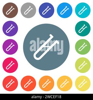 Icone bianche piatte per provette su sfondi tondi a colori. sono incluse 17 varianti di colore di sfondo. Illustrazione Vettoriale