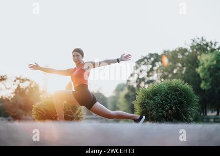 Active Girl Training all'aperto a Park, motivazione e successo. Foto Stock