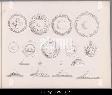 Medaglioni, anonimi, dopo il 1817 disegni stampati per medaglioni decorati con motivi floreali, gambe di leone, un paesaggio e un cavallo. Tutti gli oggetti sono numerati. Numerato sopra III. La stampa fa parte di un album con una serie di sei ornamenti. Ornamento per incisione in carta Germania  medaglione. fiori  ornamento. bestie prede, animali predatori: leone. cavallo Foto Stock