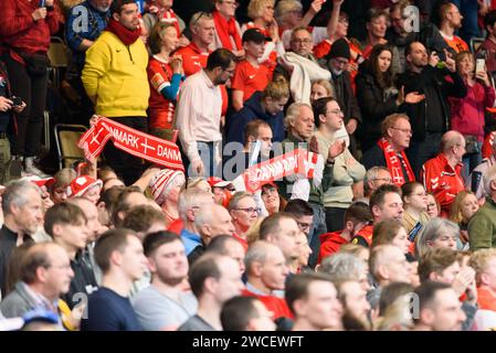 Monaco, Germania. 15 gennaio 2024. Monaco di Baviera, Germania, 15 gennaio 2024: Tifosi della Danimarca durante la fase a gironi del Campionato europeo di pallamano 2024 tra Danimarca e Portogallo all'Olympiahalle di Monaco, Germania. (Sven Beyrich/SPP) credito: SPP Sport Press Photo. /Alamy Live News Foto Stock