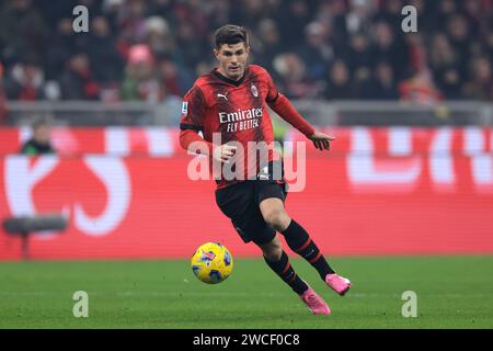 Milano, Italia. 14 gennaio 2024. Christian Pulisic del Milan durante la partita di serie A A a Giuseppe Meazza, Milano. Il credito fotografico dovrebbe leggere: Jonathan Moscrop/Sportimage Credit: Sportimage Ltd/Alamy Live News Foto Stock