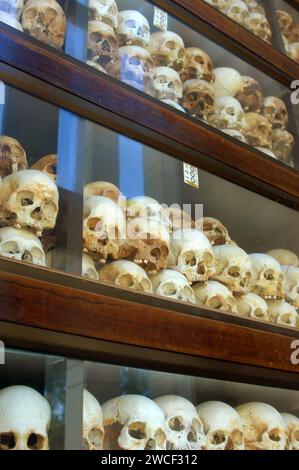 Teschi umani in mostra al Choung EK genocidal Center, Phnom Penh, Cambogia. Foto Stock