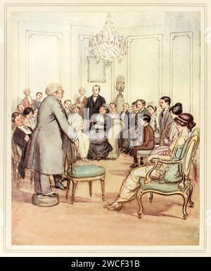 Lord Loam: “Amici miei, sono felice di vedere tutti voi che sembrate così felici”. Da «The Admirable Crichton» comico teatrale scritto nel 1902 da J. M. Barrie (1860-1937), illustrazione di Hugh Thomson (1860-1920). Fotografia dell'illustrazione frontespizio di un'edizione del 1914. Credito: Collezione privata / AF fotografie Foto Stock