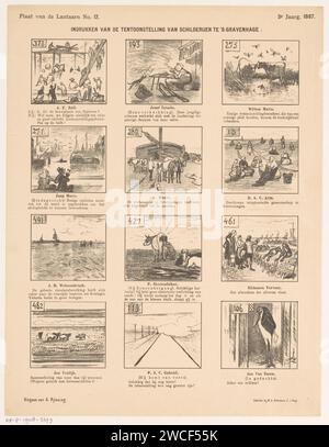 Cartone animato sui dipinti alla mostra di maestri viventi a l'Aia nel 1887, Jan Holswilder, 1887 stampe dodici dipinti che potrebbero essere visti alla mostra nell'edificio dell'Accademia al Princessegracht sono raffigurati. Questi sono forniti con commenti comici. Questa stampa è stata pubblicata dalla lanterna. Tipografia: Netherlandsprinter: The Haguepublisher: The Hague paper temporary Exhibition, "Salon". criticare e discutere l'arte, la critica d'arte. caricatura della pittura. Parodia sull'arte dell'Aia Foto Stock