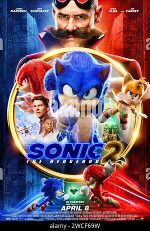 Sonic the Hedgehog 2 (2022), diretto da Jeff Fowler e interpretato da Jim Carrey, James Marsden e Tika Sumpter. Il dottor Robotnik torna, questa volta con un nuovo partner, Knuckles, alla ricerca di uno smeraldo che abbia il potere di costruire e distruggere le civiltà. Poster US One Sheet. ***SOLO USO EDITORIALE*** credito: BFA / Paramount Pictures Foto Stock