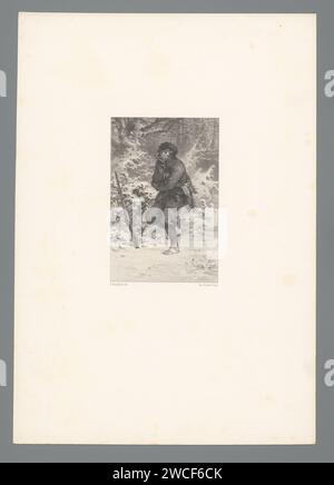 Jager con pipa in bocca nella foresta innevata, Adolphe Mouilleron, 1830 - 1880 stampa carta di Parigi. hunter. neve. armi da fuoco: fucile. pipa  tabacco Foto Stock