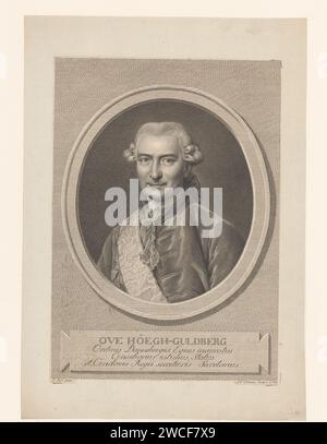 Portret van ove Høegh-Guldberg, Johan Frederik Clemens, dopo Jens Juel, 1782 stampa Ritratto di ove Høegh-Guldberg, statista danese, busto a Ovaal, a sinistra. Primo ministro per l'incisione di carta in Danimarca Foto Stock