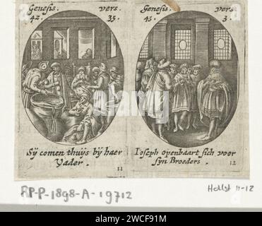 I fratelli di Jozef scoprono borse con soldi / Jozef conosce i suoi fratelli, Hans Janssen, 1615 - 1651 stampano due stampe su una foglia in forma ovale. A sinistra un interno con Giacobbe, seduto su una sedia, e i suoi figli. Nelle borse con i cori scoprono tasche con denaro (Gen. 42-35). Sulla destra un interno con Giuseppe che conosce i suoi fratelli (Gen. 45-3). Nella didascalia dei margini in olandese. Undicesima e dodicesima stampa (11 e 12) da una serie di dodici con scene della vita di Giuseppe. Carta di Amsterdam che incide i fratelli di Joseph, a Canaan con Jacob, svuotano i loro sacchi e l'eac Foto Stock