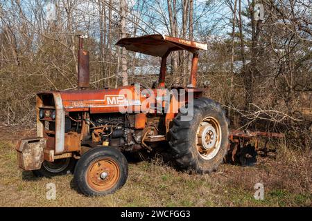 Trattore diesel Massey Ferguson 265 per coltivazione a file, vecchio o d'epoca anni '1970, in rosso nella campagna Alabama, Stati Uniti. Foto Stock