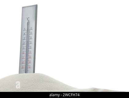 Termometro meteorologico in sabbia su sfondo bianco Foto Stock