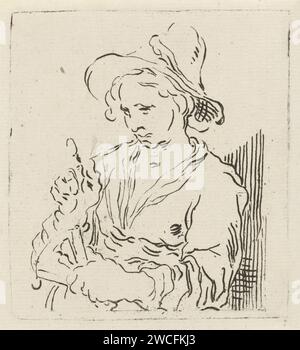 Donna con fan, Hermanus Fock, dopo Abraham Bloemaert, 1781 - 1822 stampa Una donna con un grande cappello e un fan nella mano sinistra. Fa un gesto con il dito indice destro. Tipografia: Amsterdamafter disegno di: Fan olandese dell'incisione della carta Foto Stock