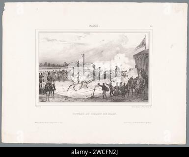 Corse di cavalli sugli Champs-de-Mars, Victor Adam, 1829 stampa quattro fantini si scontrano con i loro cavalli sul tracciato degli Champs-De-Mars a Parigi. Tipografia: Parisprinter: Parispublisher: Parispublisher: London paper Horse-racing. jockey Foto Stock