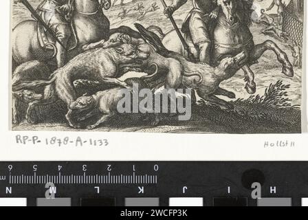 Wolvenjacht, Egbert Jansz., dopo Antonio tempesta, 1598 stampa paesaggio collinare con due cavalieri e tre cani in primo piano su due lupi. Sullo sfondo vari cacciatori a caccia di lupi. Stampa da una serie con scene di caccia. Caccia all'incisione della carta nel sud dei Paesi Bassi  animali predatori (volpe, leoni) Foto Stock