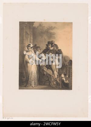 Compagnia con liutaio e cantante, Johannes Christiaan d'Arnaud Gerkens, dopo Cornelis Kruseman, 1847 - c. 1863 stampa il liutaio è seduto su una sedia e guarda la donna che canta accanto a lui. Dietro di loro c'è un gruppo di uomini e una donna. Ci sono due cani per terra. L'Aia carta Cithern, mandolino, chitarra, balalaika. musicista/i accompagnatore/i cantante/i. una persona che suona uno strumento a corda (pizzicato). cane Foto Stock