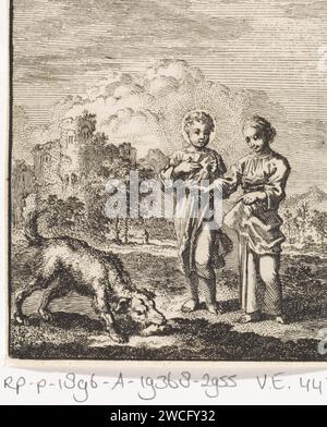 Cristo e l'anima personificata Guarda un cane che morde una pietra, Jan Luyken, 1714 stampa Amsterdam cartaceo cane da incidere. l'anima. Cristo e l'anima Foto Stock