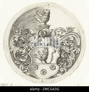 Stemma con leone e tre rose, Anonimo, dopo Michiel le Blon, 1597 - 1656 carta stampata incisione portante araldica. bestie prede, animali predatori: leone. fiori: rosa Foto Stock