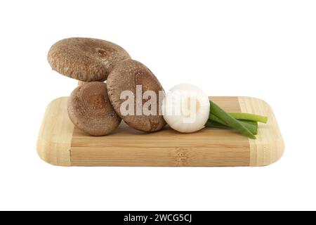 Funghi shiitake freschi, cipolle varie su un tagliere di legno isolato su sfondo bianco. Ricette di funghi ed erbe medicinali Foto Stock