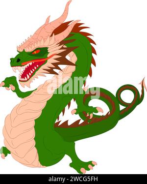 Drago di legno verde danzante senza ali. Illustrazione vettoriale di un drago di legno verde danzante asiatico che punta con il dito destro della zampa Illustrazione Vettoriale