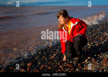 Escursionista sulla spiaggia al lago Superior, Brule River State Forest, Wisconsin Foto Stock