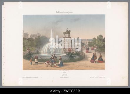 Veduta di Place Napoléon a Lione, Isodore -Laurent Deroy, 1861 - 1872 tipografia: Parisafter disegno di: Lyonprinter: Parispublisher: Paris paper Village Square, Place (+ City(-scape) con figure, personale). fontana ornamentale (+ city(-scape) con figure, personale). Statua equestre Place Carnot Foto Stock