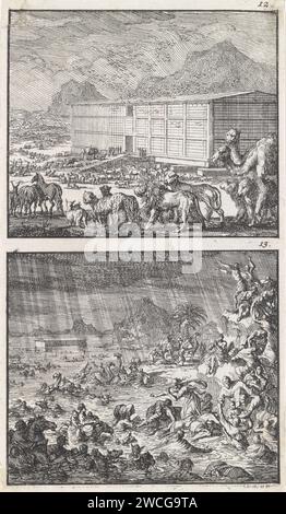 Noè carica tutti gli animali nell'Arca / l'alluvione, Jan Luyken, 1698 stampa due spettacoli di un piatto. Numerato in alto a destra: 12 e 13. La carta di Amsterdam che incide gli animali entra nell'arca. Il diluvio e la distruzione dell'umanità  storia di Noè (Genesi 7:10 - 8:17) Foto Stock