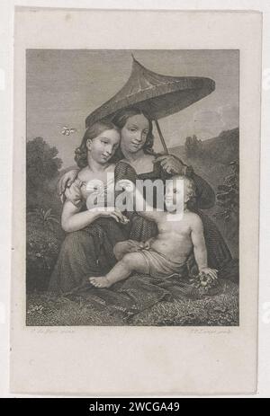 Tre bambini in natura, Johannes Philippus Lange, dopo otto de Boer, nel 1838 stampano due ragazze e un bambino con un asciugamano in natura. La ragazza giusta tiene un ombrello sulla testa. carta acciaio incisione bambino. ombrello. paesaggi nella zona temperata Foto Stock