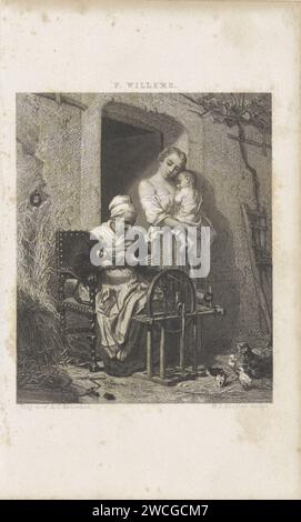 Donna con Spinnewiel, Dirk Jurriaan Sluyter, dopo Florent Willems, stampa del 1852 una donna anziana sta girando davanti a una casa. Sulla porta c'è una giovane donna con un bambino addormentato al braccio. A terra un pollo con le pulcini. Tipografia: Amsterdampublisher: Haarlem cartaceo/incisione ruota rotante. madre e bambino o bambino piccolo Foto Stock