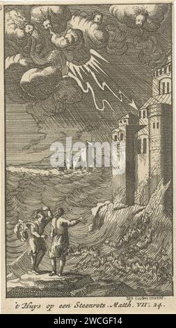 La casa sulla roccia, Anonimo, dopo Jan Luyken, 1720 stampa carta incisione casa costruita su una roccia; casa costruita sulla sabbia  dottrina di Cristo sull'amore, ecc.. (Matteo 7:24-27; Luca 6:47-49) Foto Stock