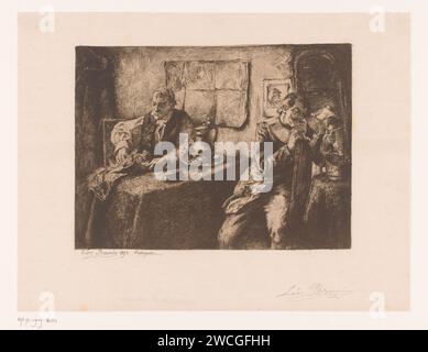 Due signori si siedono al tavolo in partenza, uno accende la pipa, Léon Brunin, 1891 carta stampata incisione pipa  tabacco Foto Stock