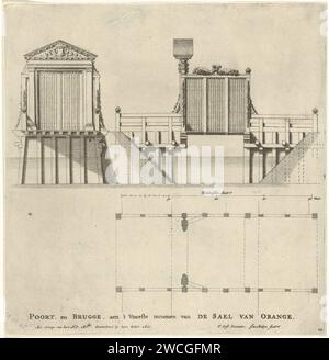 Vista laterale del cancello e del ponte di accesso al Palazzo Huis Ten Bosch, Jan Matthysz., dopo Pieter Jansz. Posta, 1655 stampa sulla destra la vista laterale del ponte di accesso con il cancello del Palazzo Huis Ten Bosch a l'Aia. Sulla sinistra, la vista frontale del cancello. Sotto la mappa del ponte di accesso e del cancello. incisione/incisione su carta esterna  design architettonico o modello. pianificare  architettura. ponte. Cancello, ingresso al Palazzo Huis ten Bosch Foto Stock