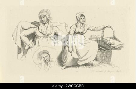 Foglio di studio con due donne e una testa, Jacob Ernst Marcus, 1808 stampa rivista Study con una donna seduta con il braccio appoggiato sul manico di un cesto, una donna con la mano al fianco e la testa di una donna anziana con un cappuccio. Figura seduta incisa sulla carta di Amsterdam - AA - figura umana femminile. contenitore di materiale vegetale diverso dal legno: cestello Foto Stock