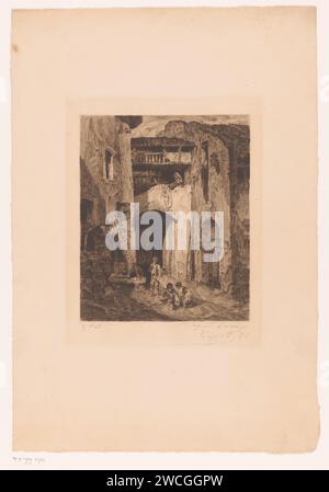 Paesaggio urbano con tre bambini che giocano per strada, sotto l'occhio vigile di due donne, Florimond Buyck, dopo Alexandre-Gabriel Decamps, c. 1870 - in o prima del 1909 stampa carta incisione / drypoint Village Street Foto Stock