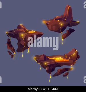 Isole galleggianti di terra rocciosa con liquido di lava arancione caldo con schizzi e bolle eruzione e diffusione. Set di illustrazioni vettoriali dei cartoni animati di gioco con pezzi di terra volanti per il salto della gui e la mappa dei livelli. Illustrazione Vettoriale