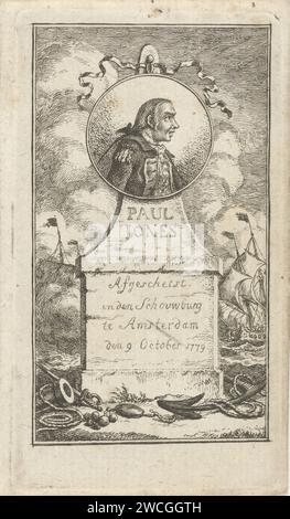 Ritratto di Paul Jones, Simon Fokke, stampa 1779 - 1784 Medallion ritratto di Paul Jones, busto e profil a destra. Sotto il testo: Abbozzato nella Schouwburg di Amsterdam il 9 ottobre 1779. Sullo sfondo si possono vedere frammenti di navi a vela. Storico dell'incisione su carta (con NOME) Foto Stock