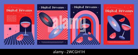 Set di poster elettronici y2k per feste musicali. Illustrazione vettoriale realistica di volantini da discoteca, striscioni da concerto con bicchieri da cocktail, vassoi in vinile, stelle scintillanti su sfondo a colori, arte in stile retrò Illustrazione Vettoriale