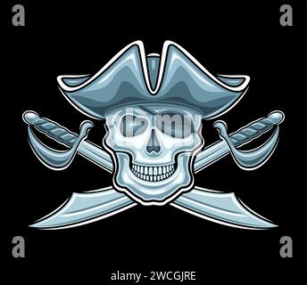 Logo vettoriale per teschio pirata, etichetta decorativa con illustrazione del teschio pirata sorridente malvagio nel vecchio berretto e spade incrociate per la squadra esport, creativ Illustrazione Vettoriale